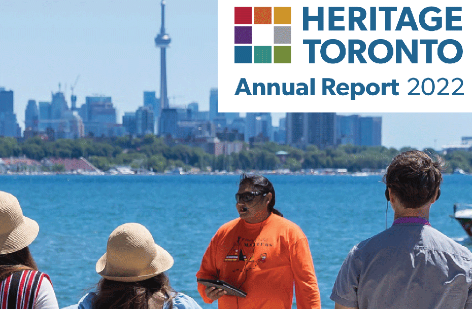 Graphic showing image of people in foreground and cityscape behind large lake with title Heritage Toronto Annual Report 2022