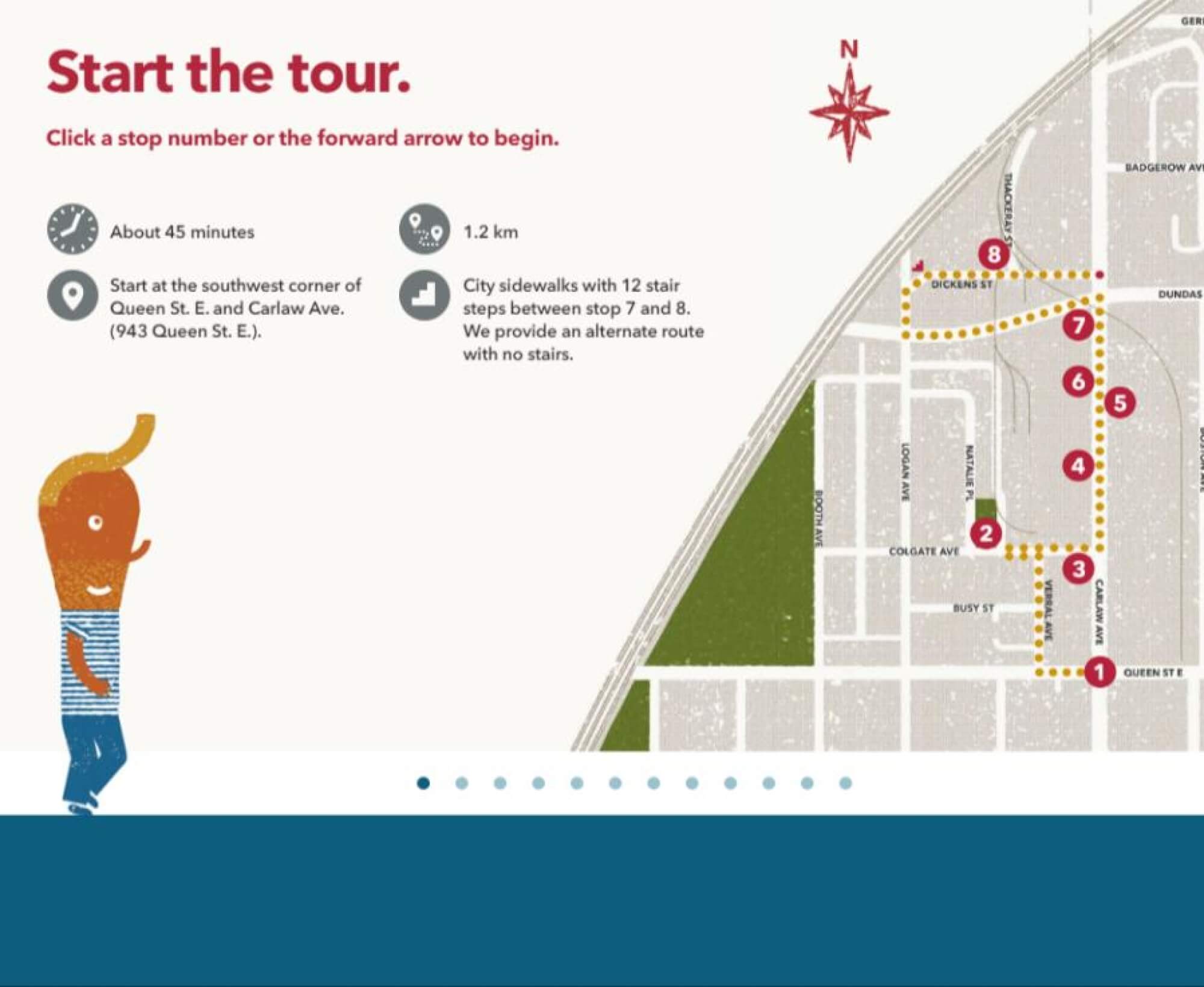 Graphic showing cartoon and map with 1 to 8 stops indicated. Text on the top left reads Start the tour and provides additional information.
