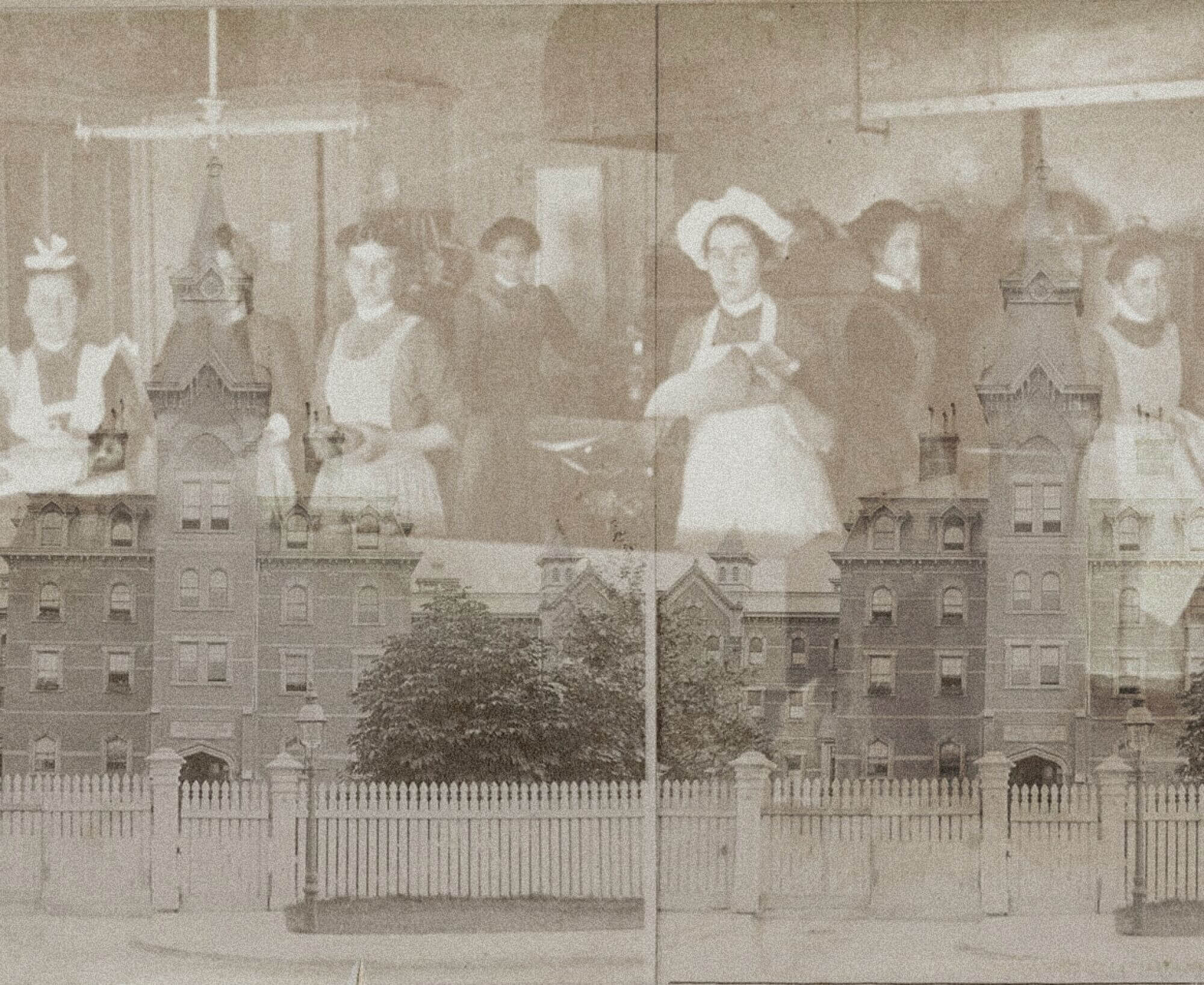 A sepia image of brick buildings. There is a fence around the buildings. Superimposed in front and above the buildings is an image of women in domestic outfits looking towards the camera. On the sides of the image it says 
