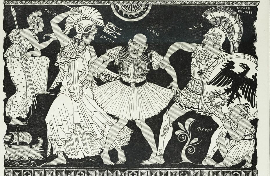 A black and white illustration in the style of an ancient Greek vase. One figure stands in the middle, pulled by figures to the left and right of him. Greek characters identify each of the figures as global leaders.